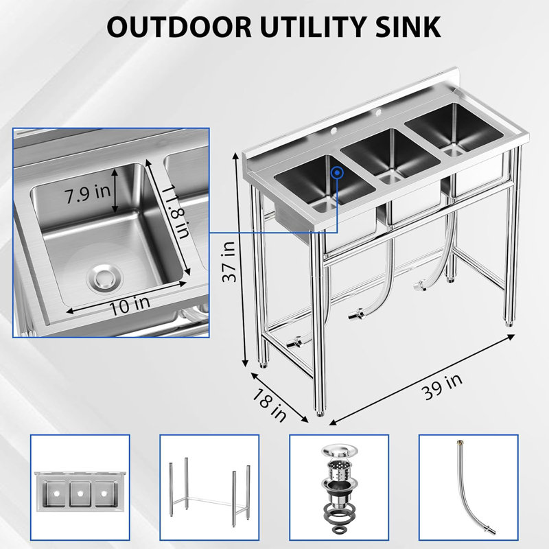 3 Compartment Kitchen Freestanding Sink