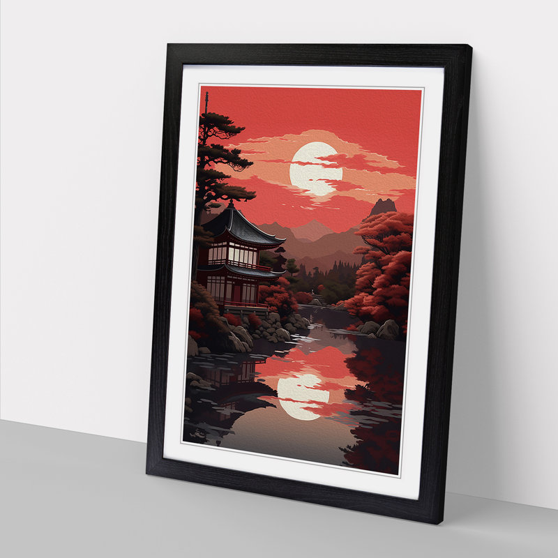 Japanese Sunset Classicism - Single Picture Frame Print on Wood, 46cm H x 34cm W x 2cm D, Black Framed