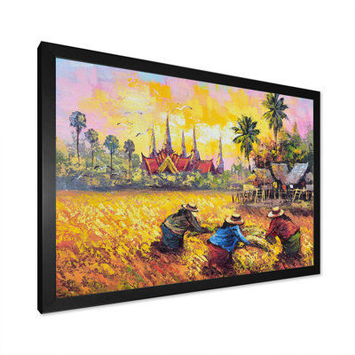 Paysage de ferme de riz asiatique rétro - reproduction sur toile