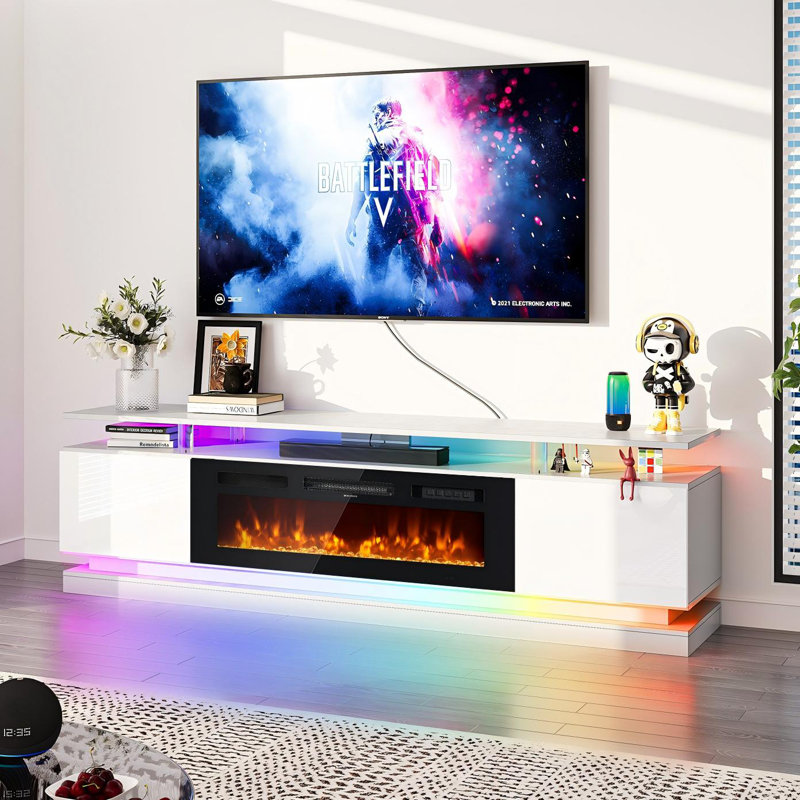 Smart Fireplace Tv Stand For 80/90 Inch Tvs, With Wi-Fi & App Control, Multi-Color Led Lights, Modern Electric Fireplace Tv Console For Living Room