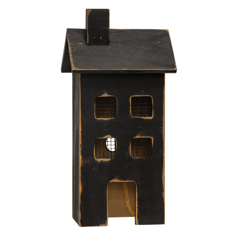 Maison éclairée en bois noir patiné, Noir / brun