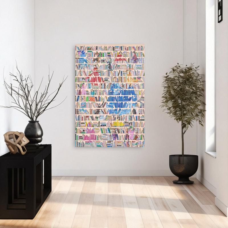 Bibliothèque colorée, étagère, architecture abstraite et vibrante, affiche murale, 48" H x 32" W