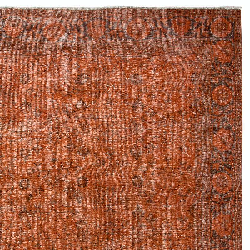 Tapis turc orange fait à la main 7 x 10,3 pi, motif floral moderne, décoration bohémienne