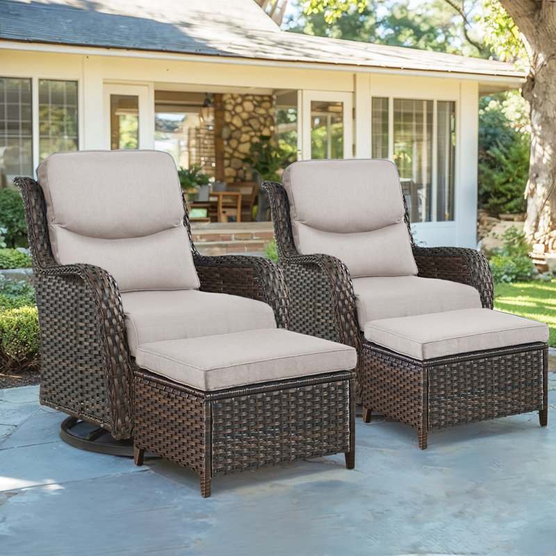 Ensemble de patio pivotant en osier pour 2 personnes avec repose-pieds et coussins Koba, Beige, Brun