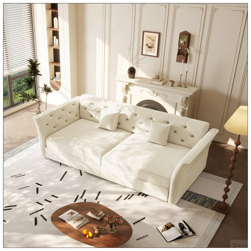 Grand canapé-lit coulissant de 74,4 po, canapé-lit convertible avec motif capitonné en tissu fait à la main, causeuse en velours multifonctionnel pour salon, chambre à coucher, appartement, beige / blanc
