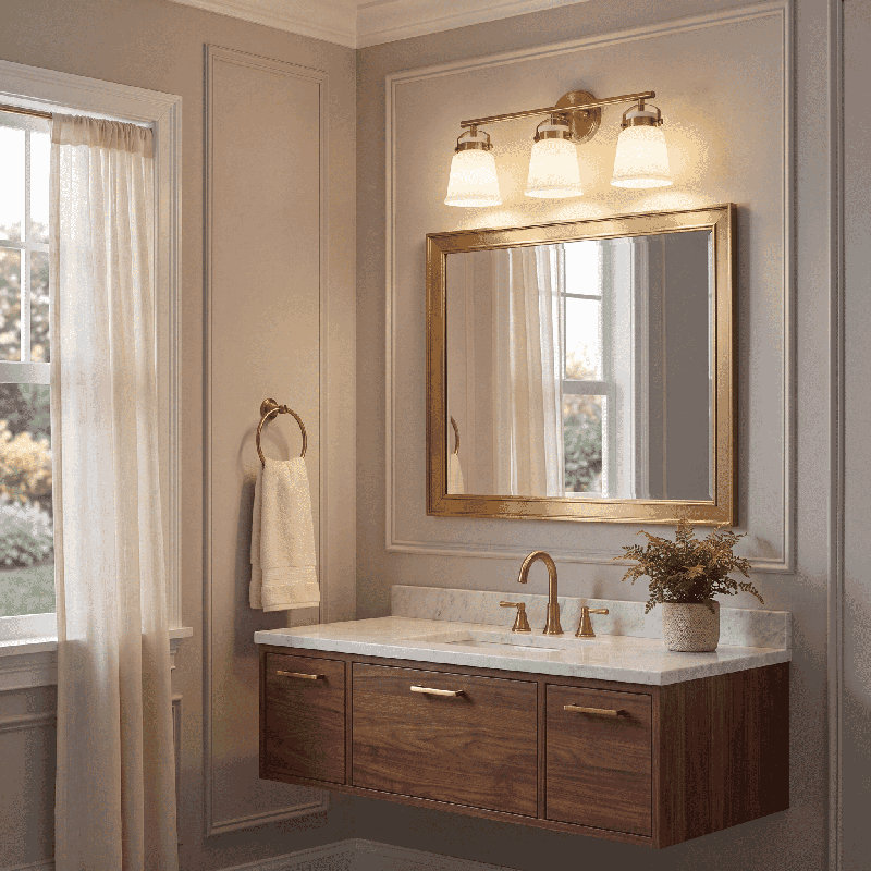 Gleanarm 2-Light Bathroom Vanity Light In Warm Brass, 10.5" H x 26" W x 26" D, Brass, 3 Lights