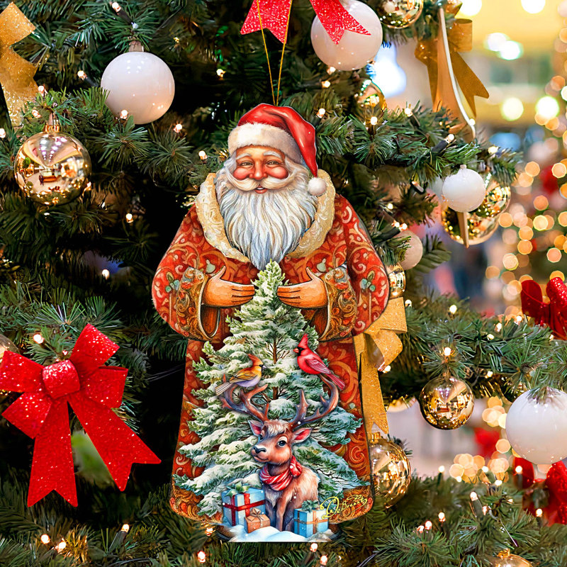 Ornements en bois Père Noël avec des amis de la forêt, par Debrekht
