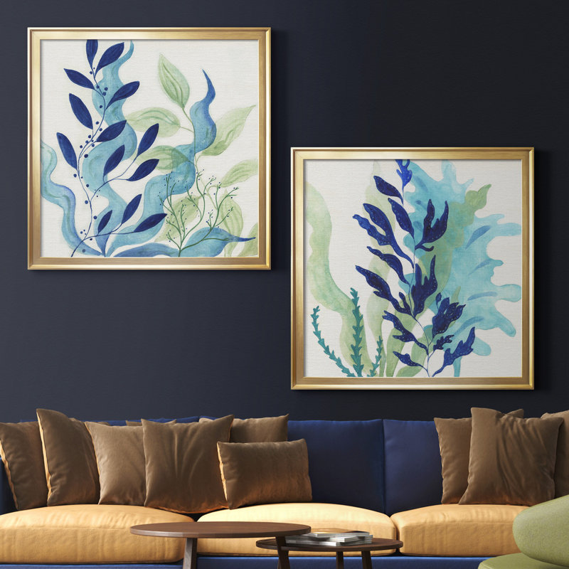 Blue Coral I - ensemble de 2 peintures, Toile encadrée, H 17,5 po x l 35 po, Doré