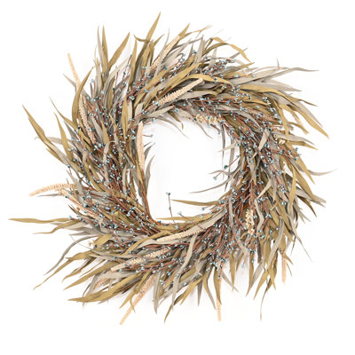 24" Artificial Farmhouse Harvest Thanksgiving Day Blossoms Cluster Grass Berry Fall Wreath For Front Door