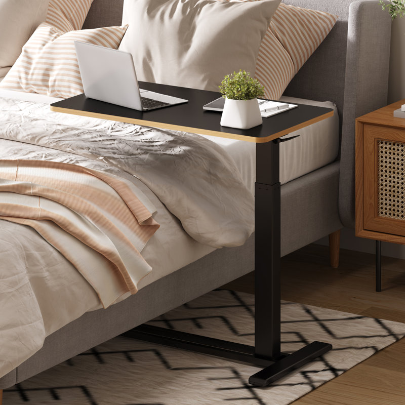 Kristee Adjustable and Movable Overbed Table with Hidden Casters, Black with Maple Edge, 40.5" H x 31.5" W x 17.7" D