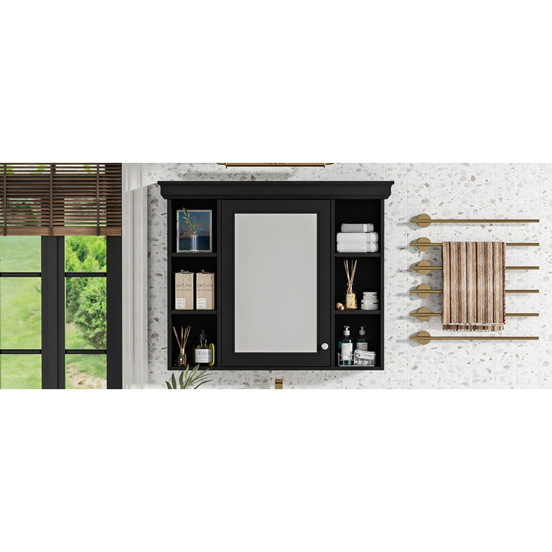 Armoire de rangement murale noire 35 po x 28 po avec porte miroir
