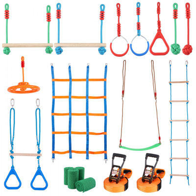 Parcours d'obstacles pour enfants Ninja Warrior, 2 lignes d'attache résistantes aux intempéries de 2 x 65 pieds, capacité de poids de 500 lb, ligne de jeu de singes, ensemble de jeu de plein air, ensemble de matériel d'entraînement pour la cour avec 