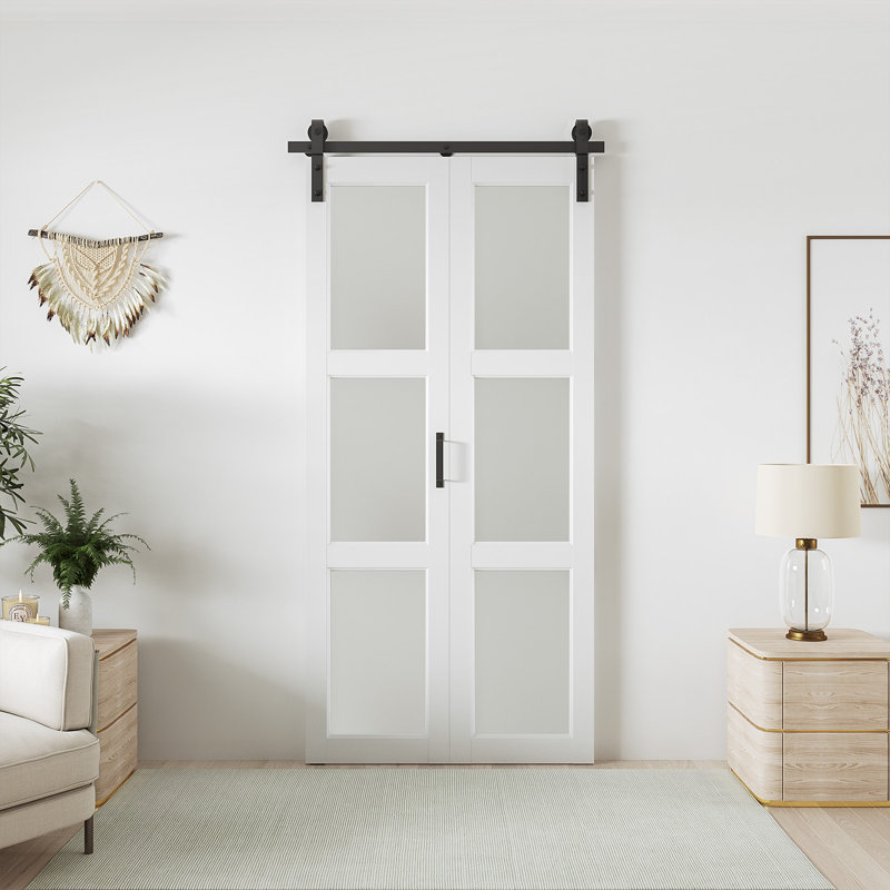 Porte de grange pliante 3 panneaux en bois manufacturé et verre 84 po avec quincaillerie d'installation 3-Lite, 32 po x 84 po