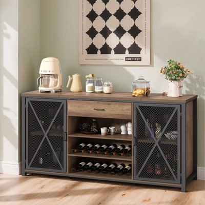 Armoire de bar 70 pouces avec espace réfrigérateur et porte-bouteilles long avec tiroir, armoire à vin en métal rustique avec buffet pour salle à manger