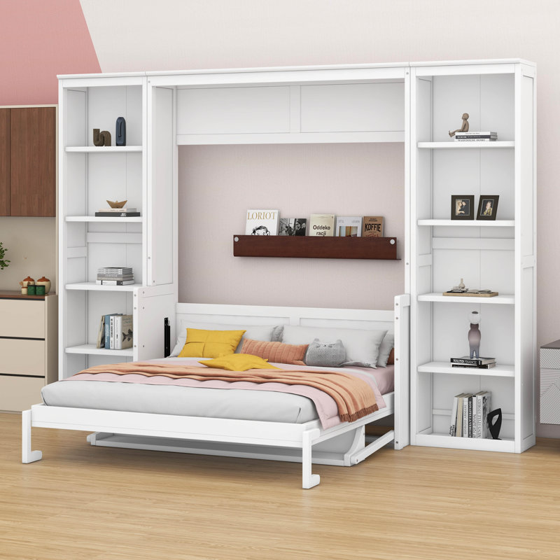 Grand lit escamotable avec bureau et tablettes, lit escamotable peu encombrant