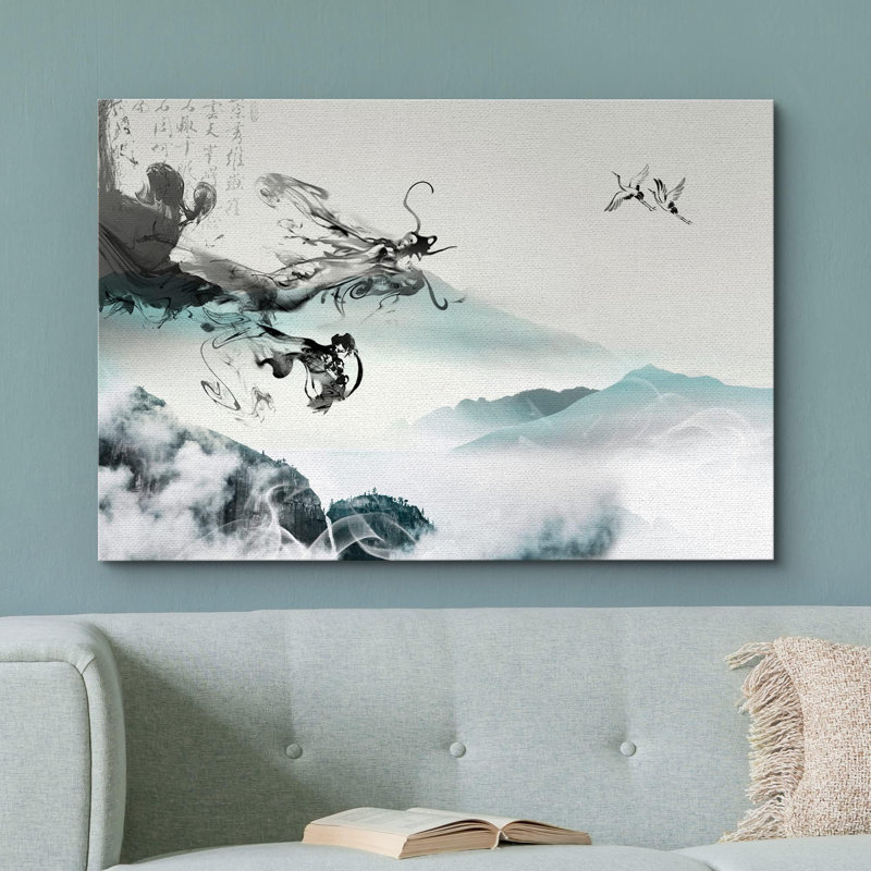 Paysage abstrait «Dragon chinois fumé à l'encre de Chine et montagnes, nature sauvage, illustrations modernes et rustiques» sur