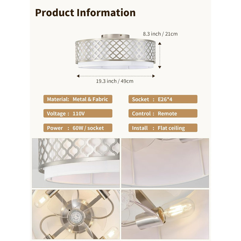 Ventilateur de plafond encastré argenté de 20 po avec lumière, ventilateurs de plafond Boho avec lumières à profil bas, fermé avec télécommande à 6 vitesses pour le salon, la chambre à coucher et la chambre de bébé