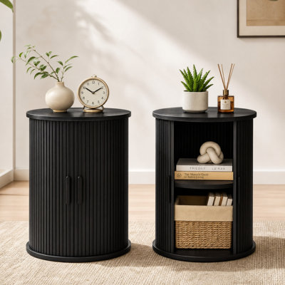Ensemble de 2 tables d'appoint rondes cannelées, table de chevet moderne avec porte coulissante à tambour, étagère de rangement réglable, table d'appoint haute pour salon ou chambre à coucher, noir