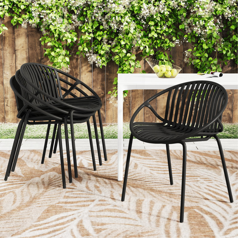 Patio Dining Chairs Stackable Chairs With Breathable Design Modern Simple Art Style (Set Of 2),Metal Legs+Plastic Backrest,Black