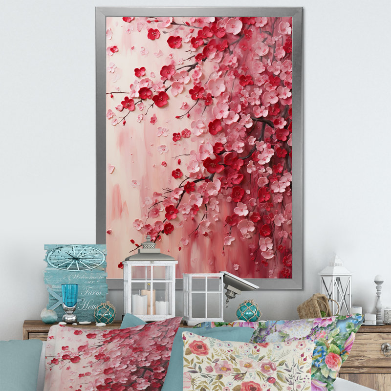 Cerisier rose en fleur 4 - Art mural cerise, Cadre simple argenté, H 44 po x l 34 po x P 1,5 po