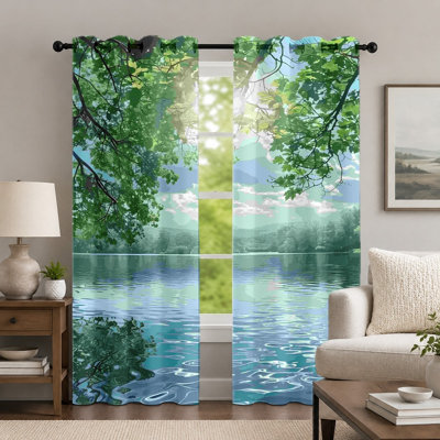 2Pcs Green Tree and Lake Scenery Curtains, Nature Landscape Print Curtain, Scenic Forest Over Water View Grommet Drapes, Window Treatment for Bedroom Living Room Decor