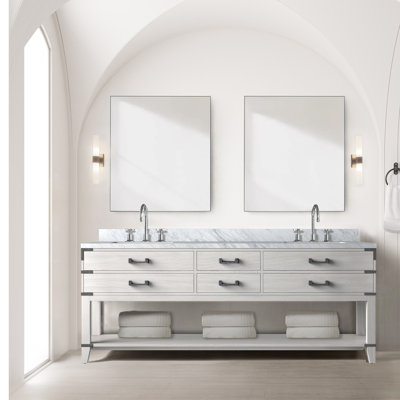 Meuble-lavabo double en chêne blanc l 84 po x P 22 po, comptoir en marbre de Carrare, ensemble de robinet et miroirs 36 po