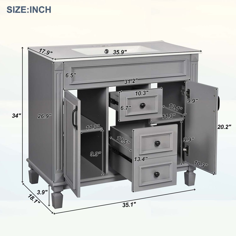 Meuble-lavabo moderne de 91 cm (36 po) avec lavabo et 2 portes à fermeture en douceur, solution de rangement élégante pour toute salle de bain