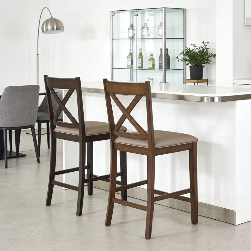 Ensemble de 2 tabourets rembourrés en bois avec dossier en croix, Brun antique, Brun