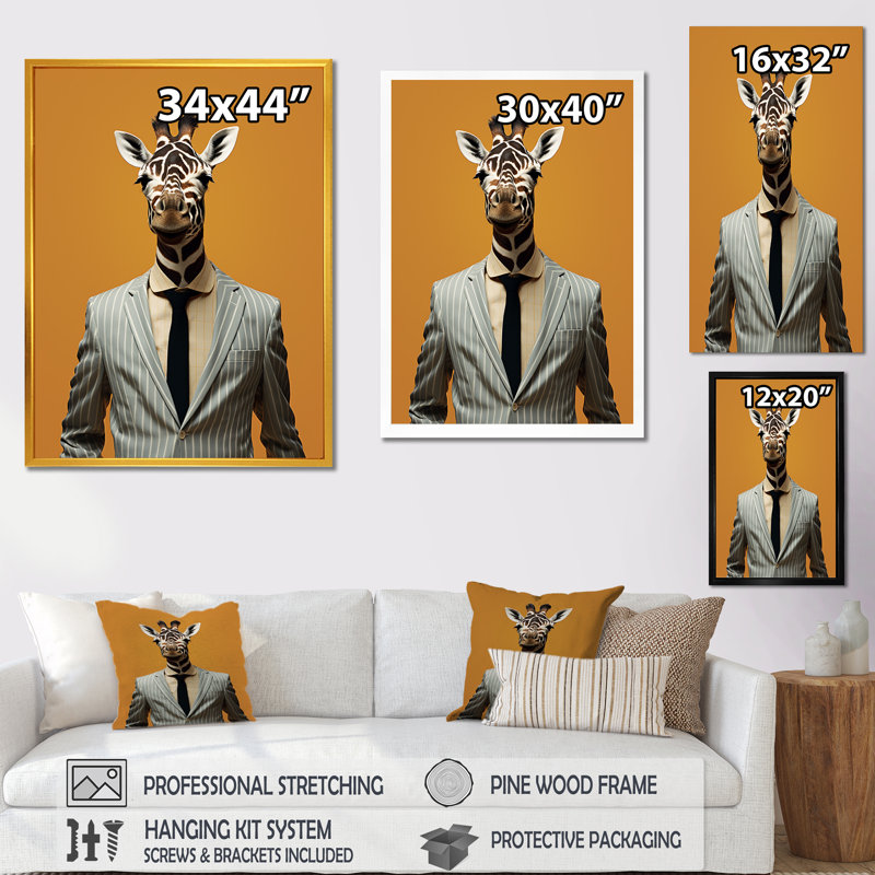 Gris, girafe, mode, costume I - girafe, art mural, H 20 po x l 12 po x P 1 po, Cadre doré simple