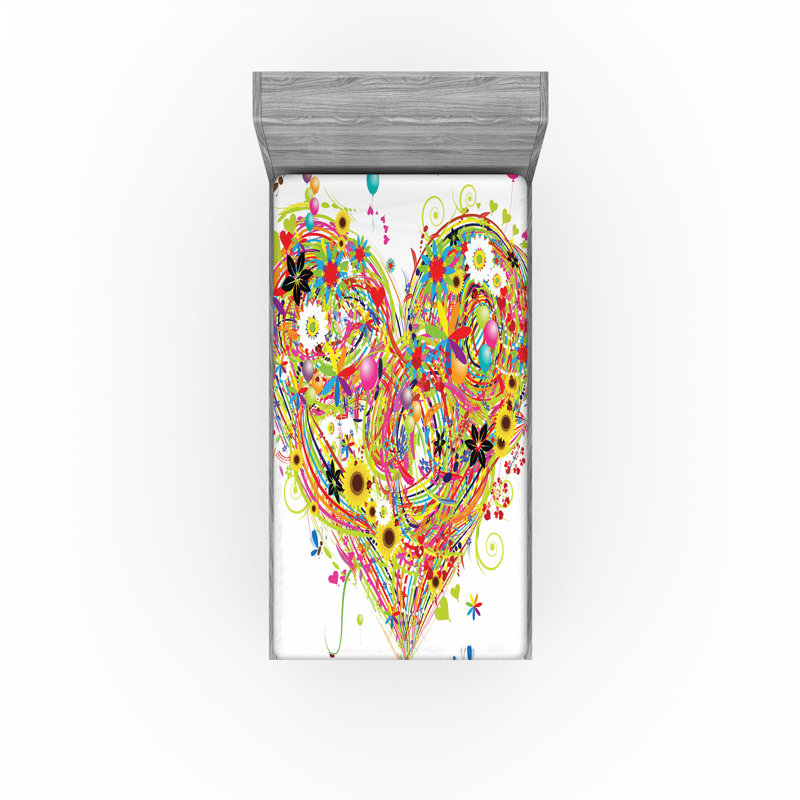 Ambesonne Heart Fitted Sheet 2-Pack Watercolor Love White Multicolor, Twin Fitted Sheet