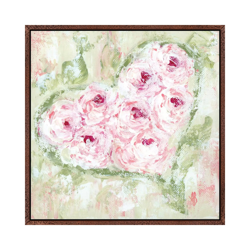 Pink Floral Heart by Ashley Bradley - Print on Canvas, 93.98 cm H x 93.98 cm W, Classic Brown Wood Framed