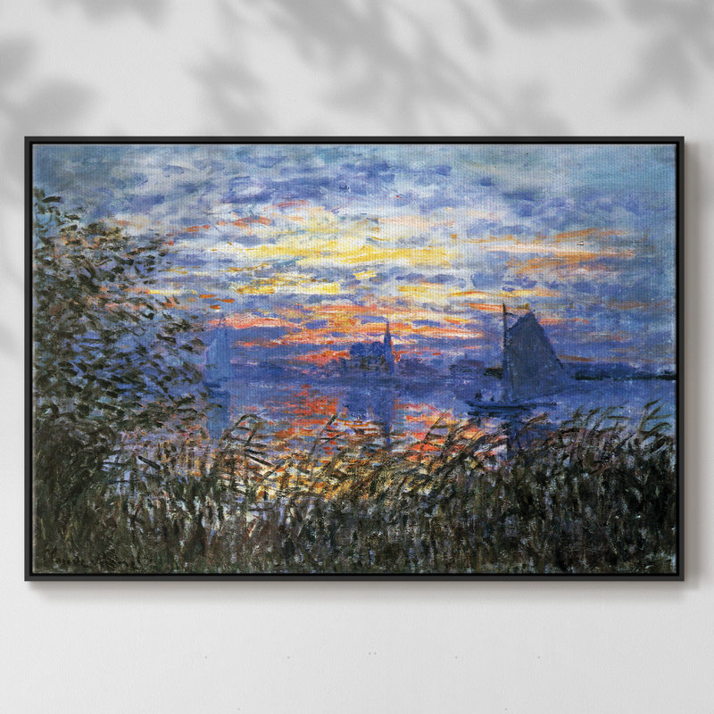 " Sunset On The Seine " by Claude Monet, Black Floater Framed Canvas, 25" H x 37" W x 2" D