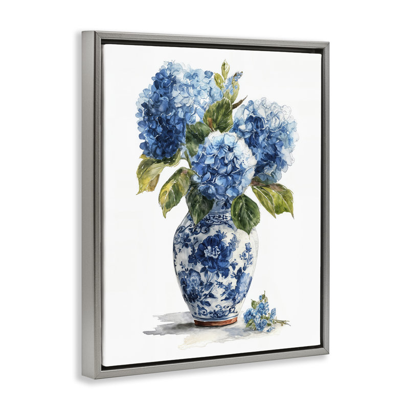 Vase en porcelaine avec cadre flottant hortensia, design par Imagine It Images, Cadre flottant gris lustré, H 21 po x l 17 po