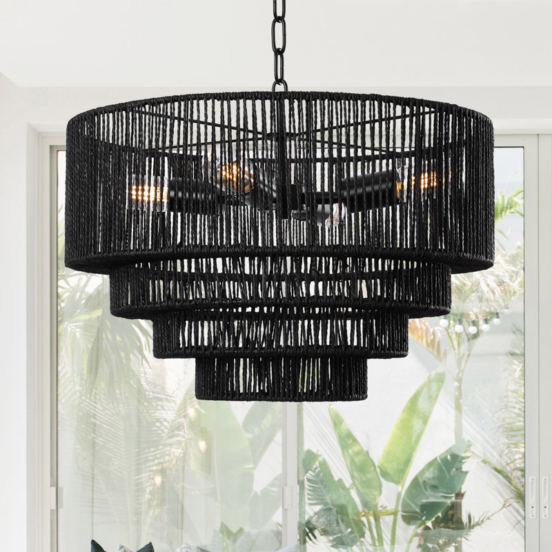4-Light Dimmable Hand-Woven Rattan Tiered Chandelier, Matte Black