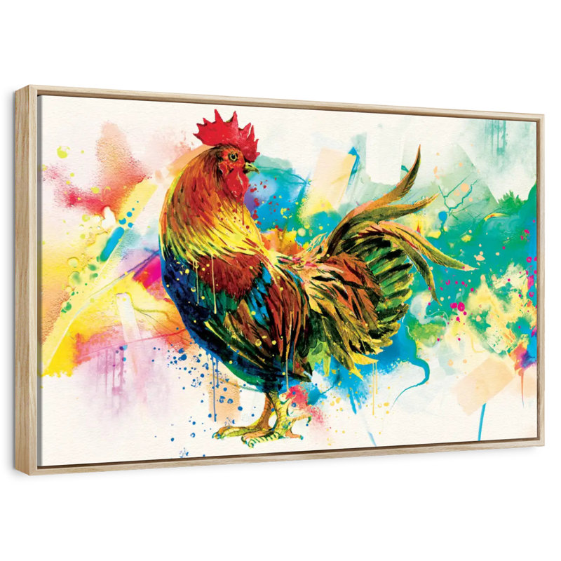 Rooster Paint Splash, Floating Frame Natural Wood, 40" X 27"