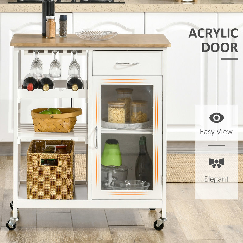 Îlot de cuisine avec rangement blanc, support à 4 bouteilles, porte-verres à pied, armoire à tiroirs, mobile avec roulettes, couleur roulante stable, fabrication fiable