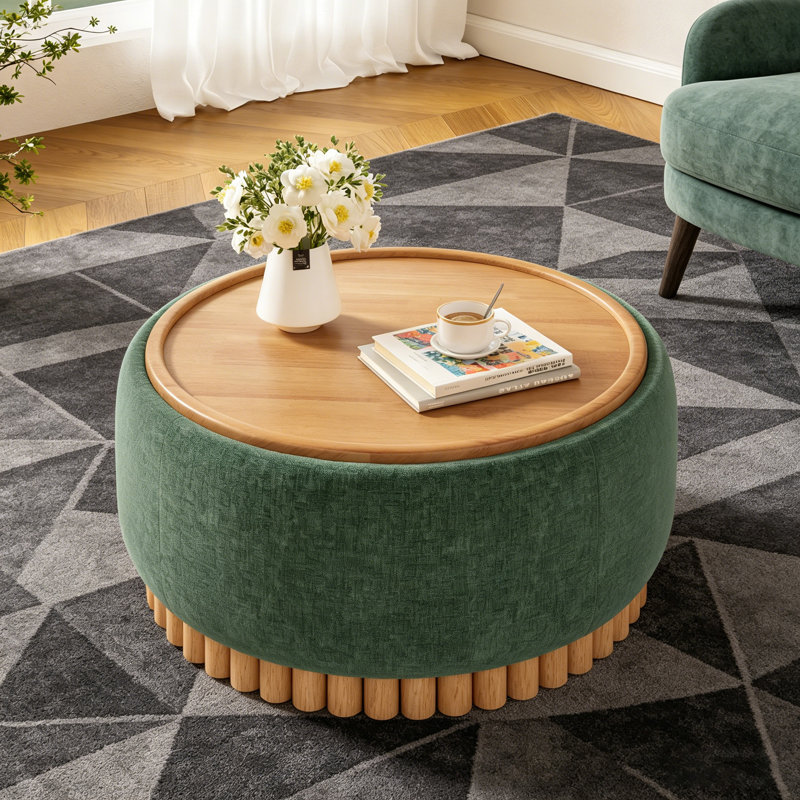 Repose-pieds de rangement rond de 29 po avec pieds en bois massif, table basse moderne avec couvercle réversible, structure en bois, repose-pieds en chenille pour le salon, aucun assemblage requis