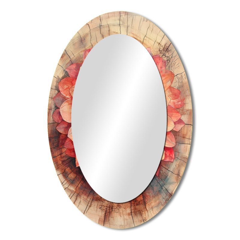 Dahlia fleur sur glissoire en bois - grand miroir mural ovale sur métal, 36 po x 24 po