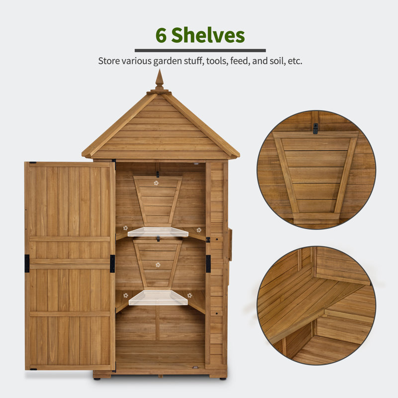 Natural Fir Wood Tall Outdoor Storage Shed with Shelves and Foldable Tables