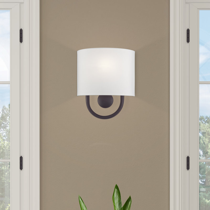 1 Light Brushed Nickel ADA Sconce With Hand Crafted Off-White Fabric Shade, Bronze