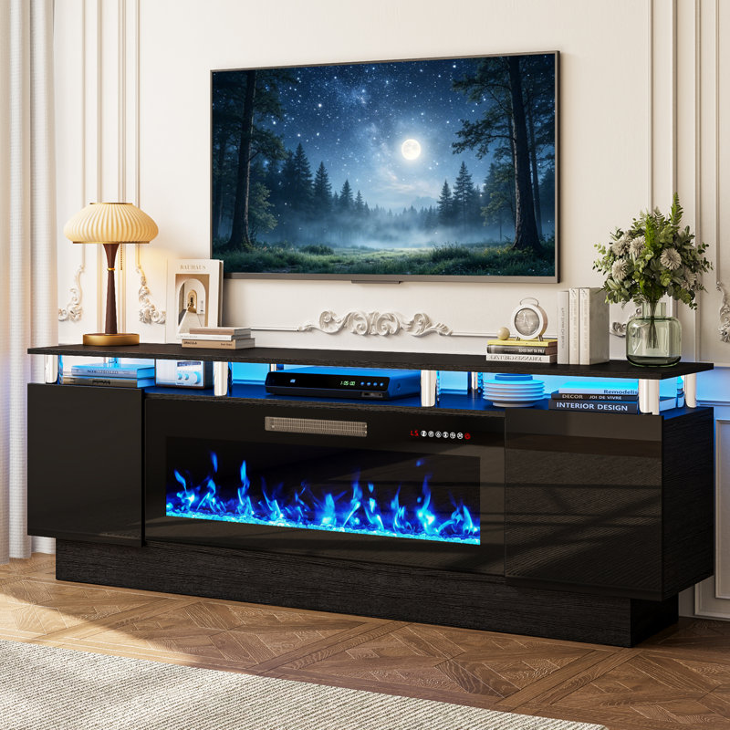 Meuble TV Aleila 70 po avec foyer électrique 40 po, console multimédia moderne à 2 niveaux pour salon, placards de rangement laqués brillants avec éclairage DEL, compatible avec les téléviseurs jusqu'à 80 po