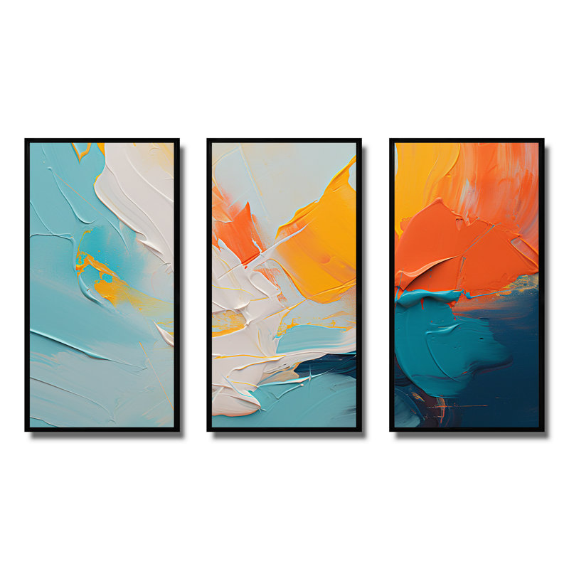 «Blue and Orange Paint Expression 2», art mural abstrait, H 28 po x l 36 po x P 1 po, Cadre flottant noir
