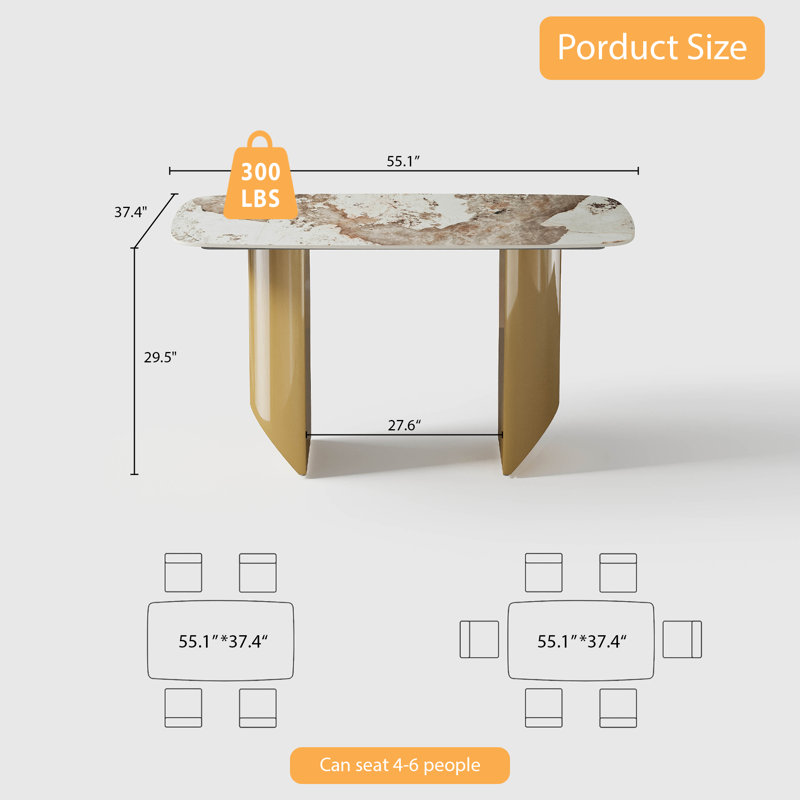 Hugette 55''Rectangular Sintered Stone Dining Table for 2-4 People, Modern Kitchen Table with Gold Stainless Steel Legs , Luxury Dining Room Table for Living Room, Gold (Table Only)