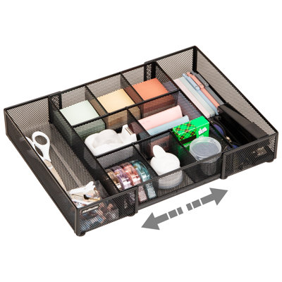  Expandable Mesh Desk Drawer Organizer, Adjustable from 9.25" to 17.125", Office Supply Storage Tray, Makeup Organizer, Black