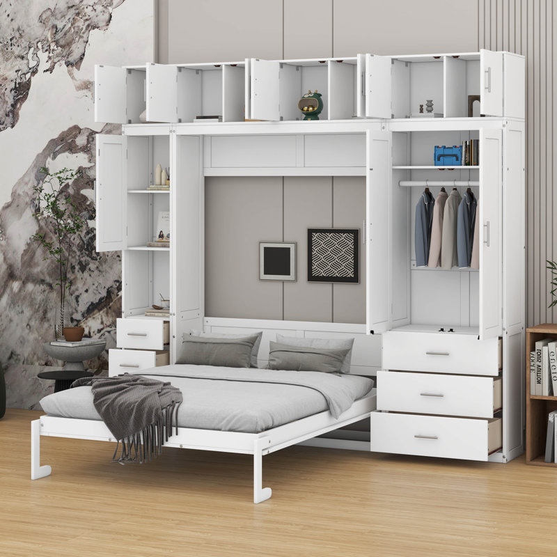 Base de lit plateforme pliable, lit escamotable avec casiers et tablettes avec armoires de rangement
