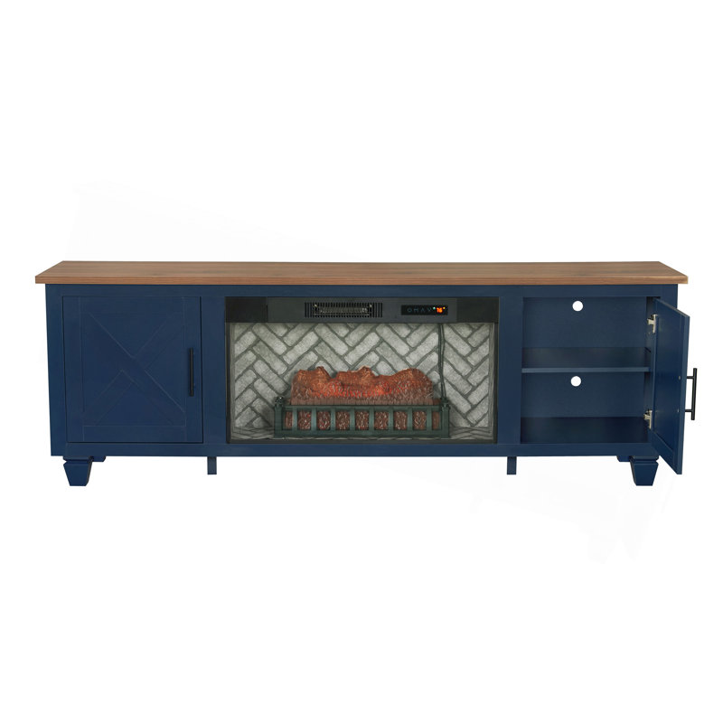 1 console multimédia avec foyer électrique bleu flammes, armoire latérale avec trous réglables, grille pour bûches, finition deux tons