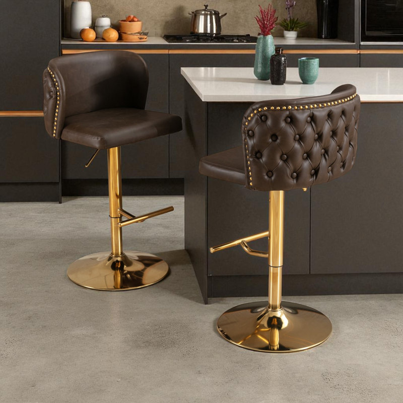 Zager Swivel Adjustable Height Bar Stool, Modern PU Leather Kitchen Island Counter Bar Chair , Brown Seat/ Gold Frame