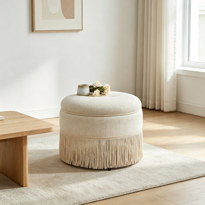 23.23"Round Upholstered Storage Ottoman With Fringe