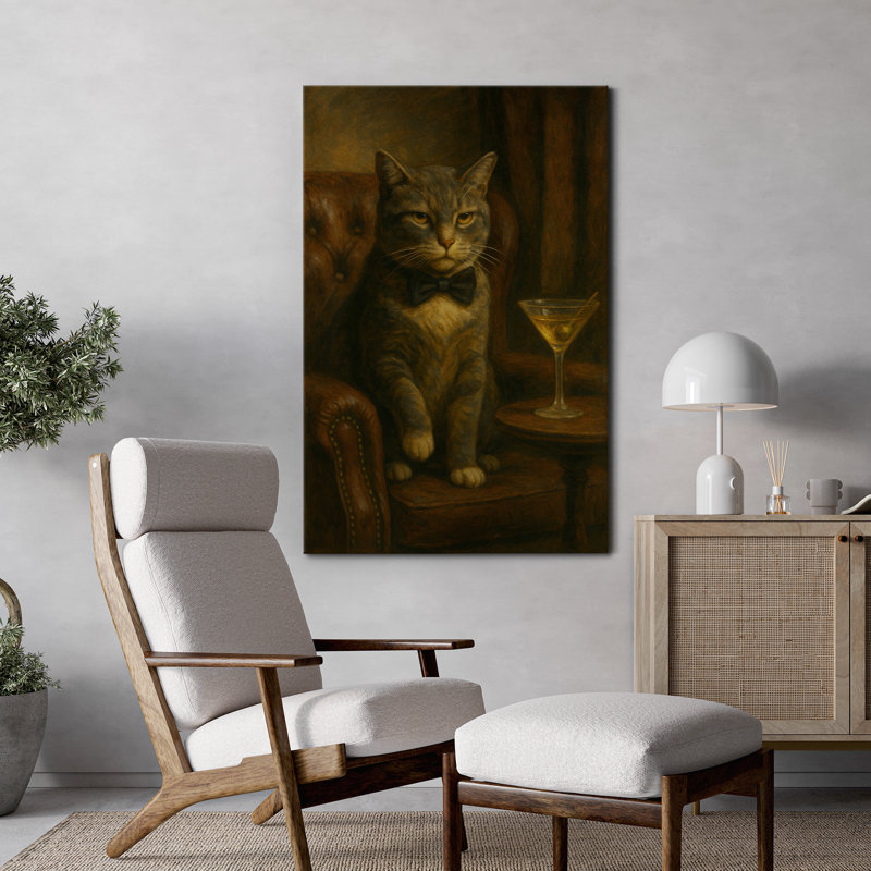 Chat avec martini, art mural sur toile, Toile tendue, Ne s’applique pas, H 18 po x l 12 po