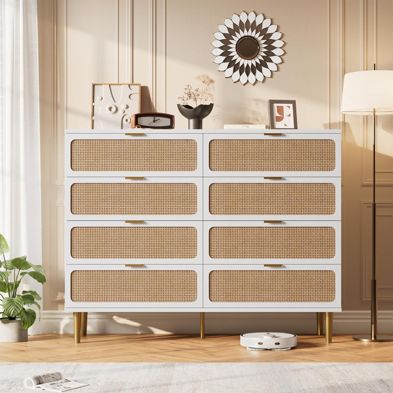 Commode 8 tiroirs en rotin pour chambre à coucher, commode haute avec tiroirs profonds, Blanc